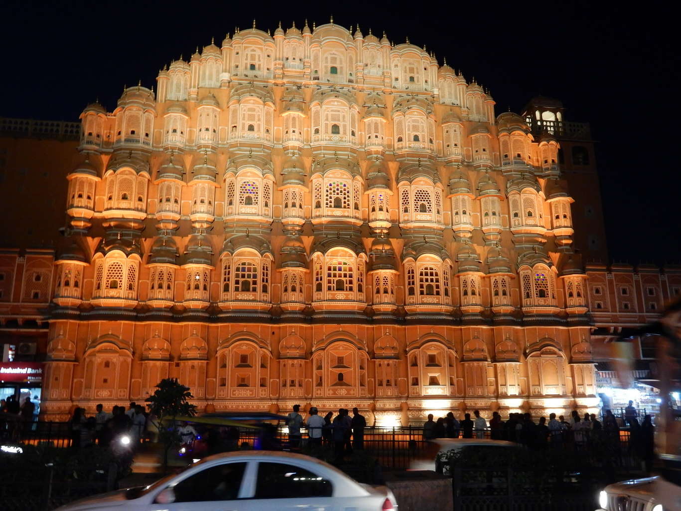Front view of hawa mahal in night lights